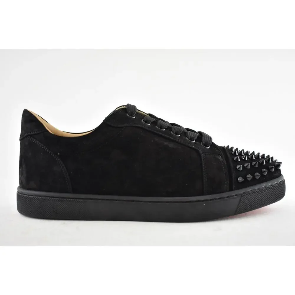Christian Louboutin Vieira Spikes Flat Black Suede Lace Up Low Top Sneaker 40.5